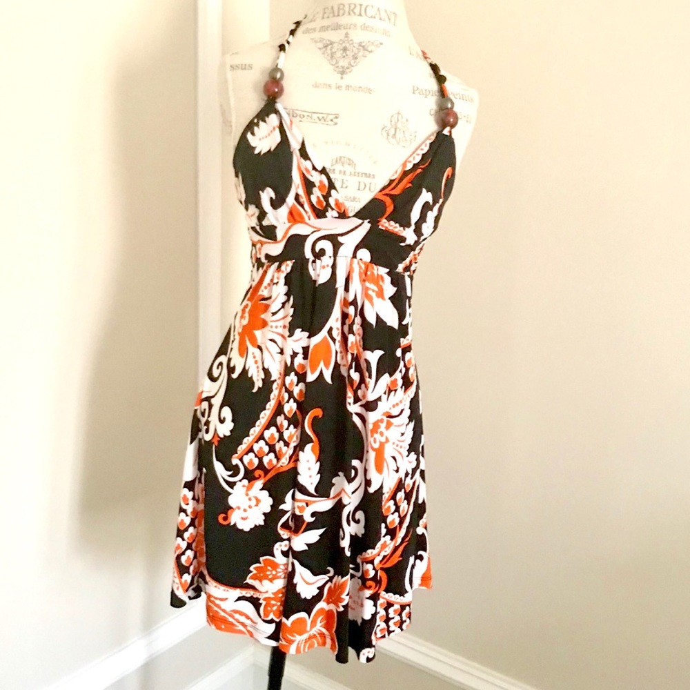 S Twelve Halter Dress - black/white/orange w/beads on strap Sz S